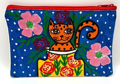 Süße Vintage handbemalte Kosmetiktasche, Katzen Design, bunt, Unikat