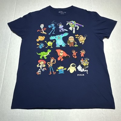 Disney PIXAR Character Collage T-Shirt L Blue | Toy Story Monsters Inc Wall-E