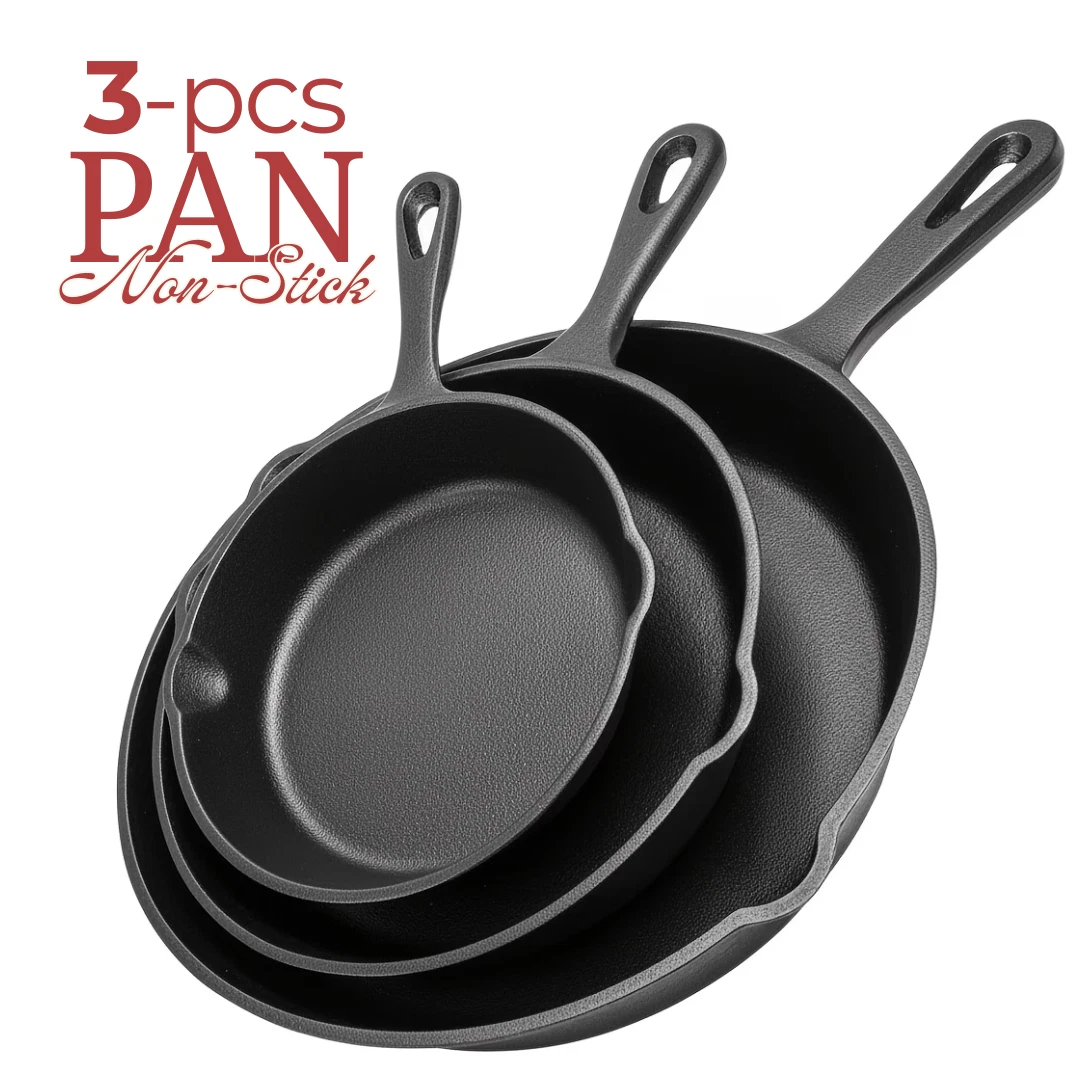 3pc Non-Stick Frying Pan Cast Iron Skillet Set 6" 8" 10" Oven Campfire Cookware
