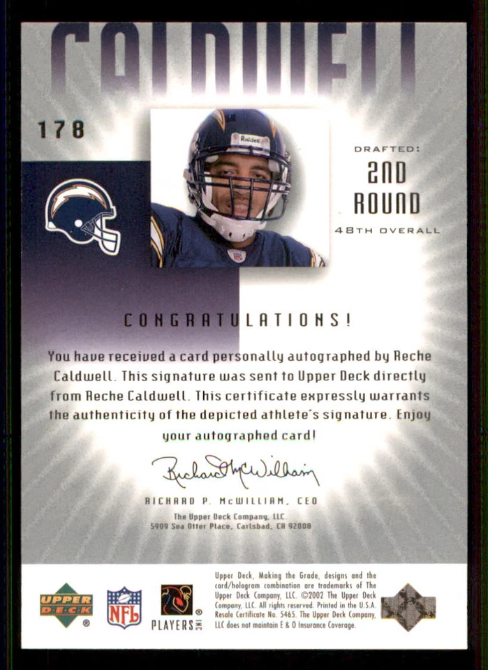 2002 UD Graded #178 Reche Caldwell P AUTO RC /550 - Image 2 of 2