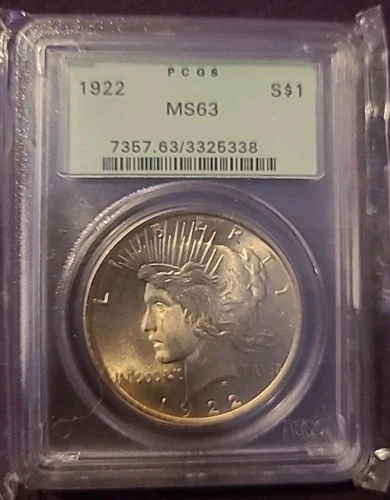 1922 ( 1922-P ) PEACE SILVER DOLLAR  S$1 PCGS MS63 MS-63 Old Green Holder OGH !