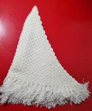 Handmade Crocheted White Shawl with Fringe Accents