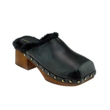 Poesie Veneziane Stivali Zoccoli Mules Pelle Nera Bordo Pelliccia 60mm Tacco Legno Italia