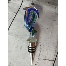 Art Glass Wine Bottle Stopper blue green silver
