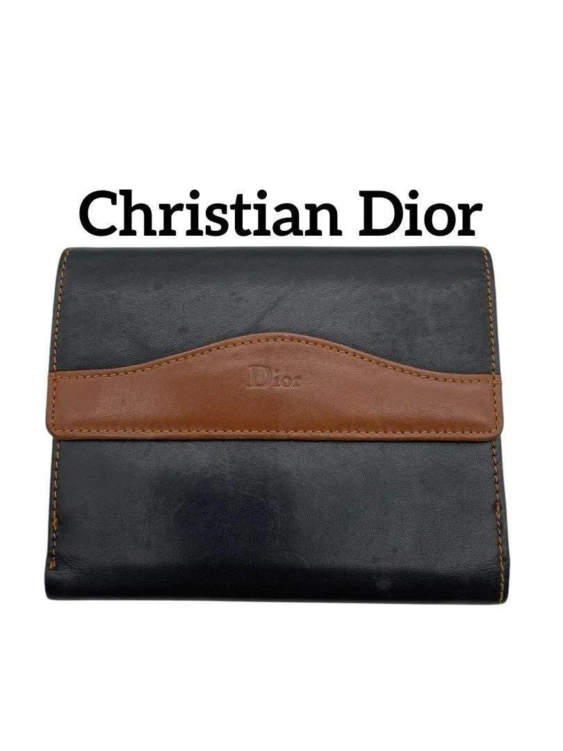 Portefeuille pliant Christian Dior en cuir véritable noir marron