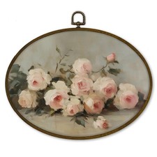 Vintage Pink Rose Flower Oval Wall Art Decor Framed, Rustic Pink Floral Canva...