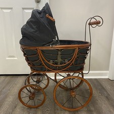 VTG Wicker Doll Carriage Pram Buggy Wood Metal Stroller Folding Canopy 1940-60s