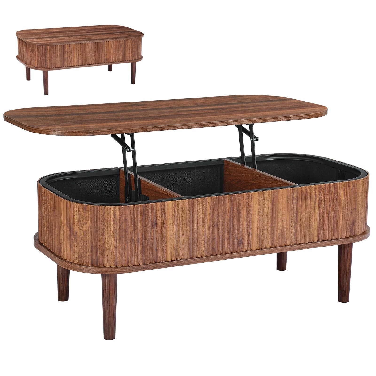 VEVOR 39.4 in Lift Top Coffee Table, Fluted Oval Table 39.4"W, Walnut