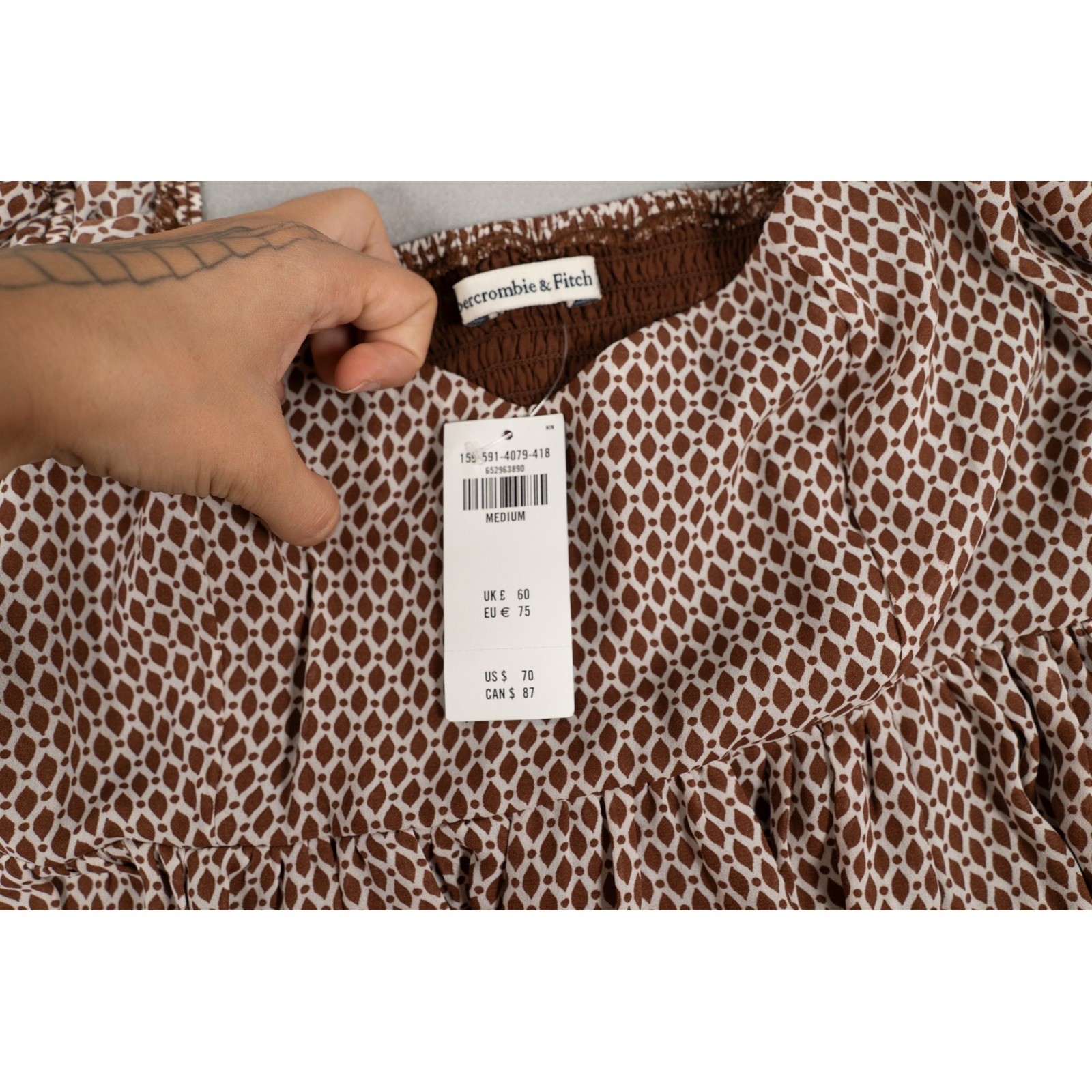 Abercrombie & Fitch Brown Geometric Diamond Smocked Mini Dress Medium NWT image 4