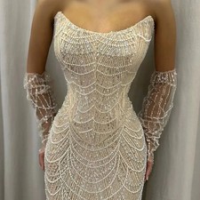 Sparkle Sequins Pearls Beaded Prom Dresses Strapless Mermaid Evening Dress