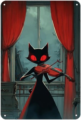 Cat Violinist Vintage Dark Cat print Tin Metal Signs Home Décor 8x12