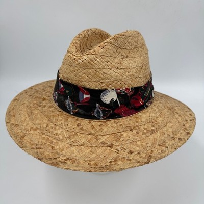 Mango Mango Straw Sun Hat Tan Golf Masters Novelty Print Band Made in USA Fedora