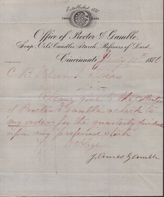 JAMES GAMBLE - MANUSCRIPT LETTER SIGNED 01/11/1876