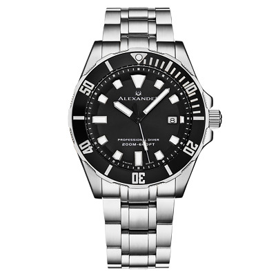 Alexander Men's Swiss Made Quartz Divers Slim Profile Stainless Steel Link Watch