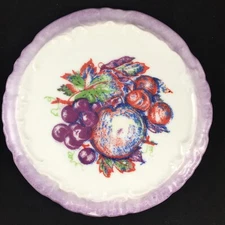 Hand Painted Tea Tile Purple Border Cherries Plums Apple and Leaves Vintage