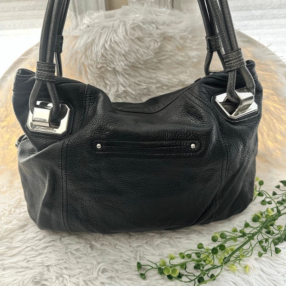 B. Makowsky Magnetic Flap Black Leather Metallic Gray Handles Shoulder Handbag - Image 3 of 4