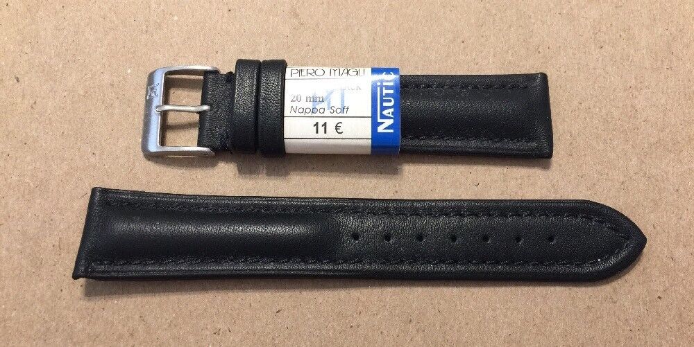 PIERO MAGLI Black Nappa Soft Stitched Leather Watchband 20mm, 8.25”