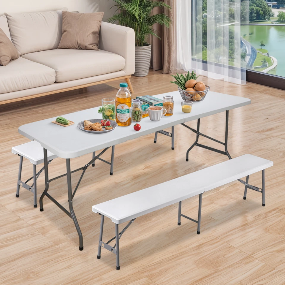 3-Piece Set 2 Folding Benches and 6FT Folding Table for Indoor Outdoor Use White - Image 4 of 4