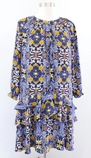 Ann Taylor Loft Blue Geometric Floral Tiered Drop Waist Shift Dress sz S Casual