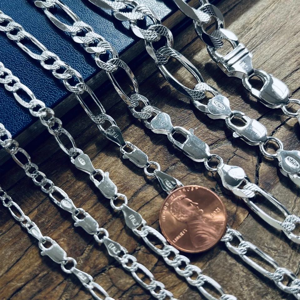 Collar de cadena Figaro de plata esterlina real para hombre con corte de diamante sello de Italia 925 Foto 3 de 4