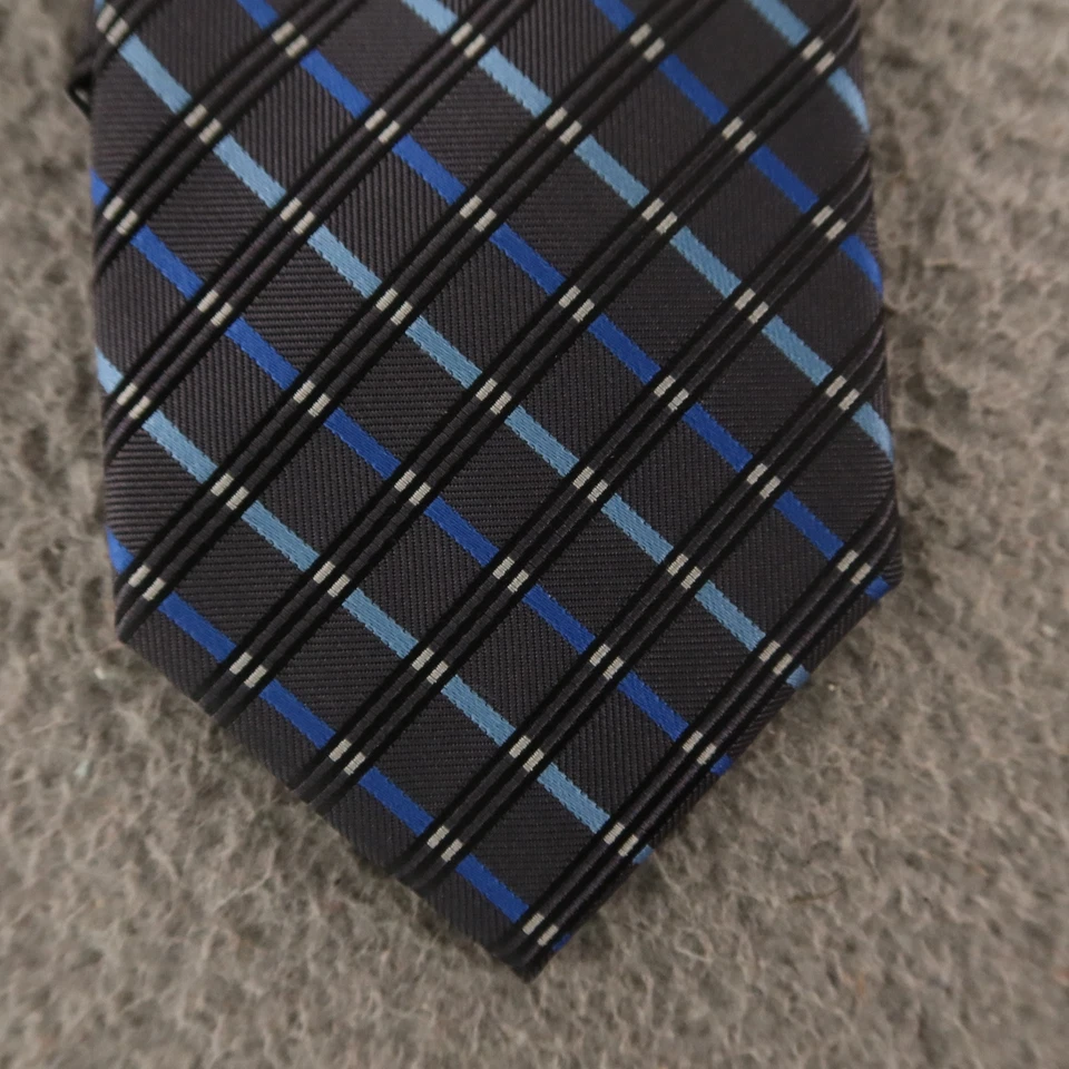 Corbata Platino Azul Gris Cuadros y Cuadros Poliéster Sarga Hecha a Mano 3.25" Foto 2 de 4