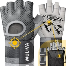Wuliva 5 in 1 Workout Gloves with Detachable 18in Wrist Straps & Mesh Bag, Gray