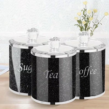 3pcs Black Sugar Canisters Glass Crushed Diamond Tea Coffee Sugar Jar Storage UK