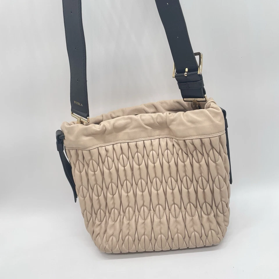 Furla Caos Quilted Leather Bucket Bag Beige Drawstring Shoulder Crossbody - Image 2 of 4