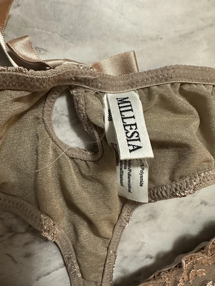 NWOT Millesia Mesh Embroidered Thong Size 2 - Taupe Color - Floral - Image 3 of 4