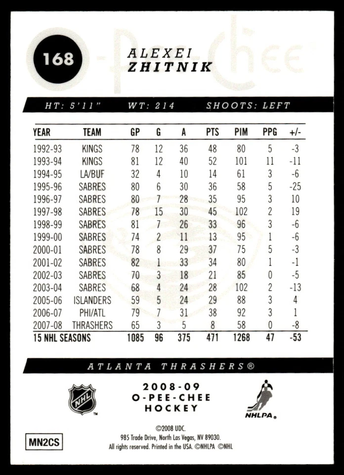 2008-09 O-Pee-Chee Gold Alexei Zhitnik Atlanta Thrashers #168 - Image 2 of 2