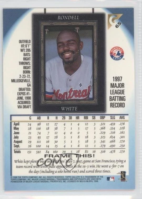 1998 Topps Gallery Permanent Collection Rondell White #65 - Image 2 of 2