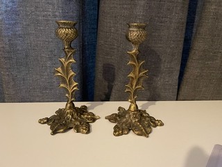 Pair of Vintage Brass Candlesticks 14cm Thistle Design Registered No. 874127