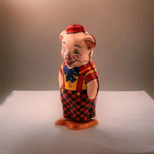 4" Vintage Tin Wind-Up Walking Winking Pig Toy J Chein Made in the USA 1950s