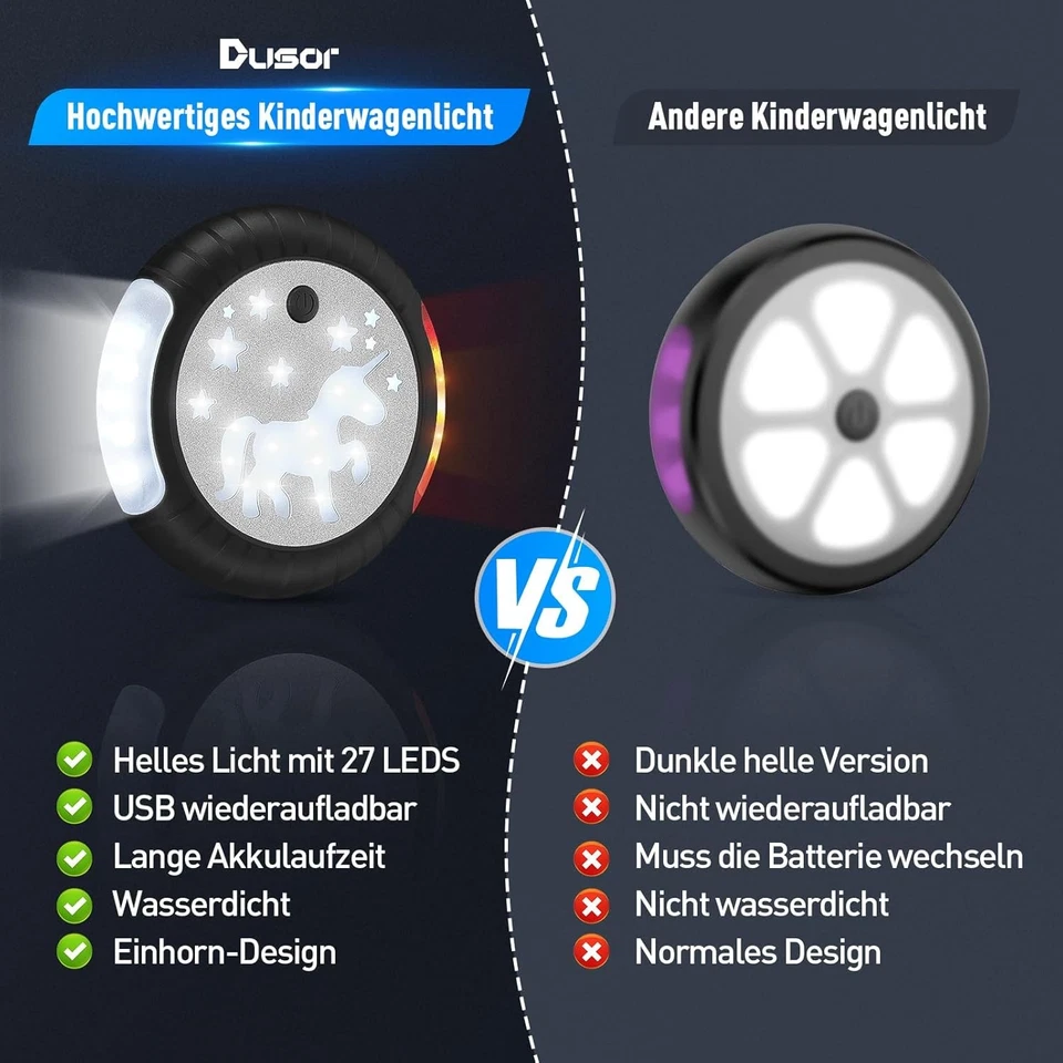 Kinderwagen-Licht: USB aufladbar, 27 LED, 2 Effekte, IPX6 wasserdicht (2 Stück) - Bild 2 von 4