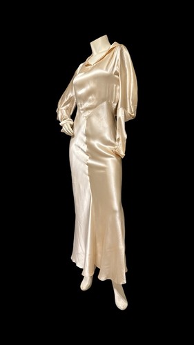Antique 1920s 1930s Bias Cut Liquid Satin Wedding Gown Leg Of Mutton Sleeves S - Picture 12 of 21