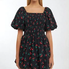 English Factory Size Large Cherry Print Smocked Dress Fit & Flare Puff Sleeve