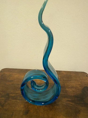 Vintage 15.25" Art Glass Murano Hand Blown Swirl Ribbon Sculpture Blue and Green