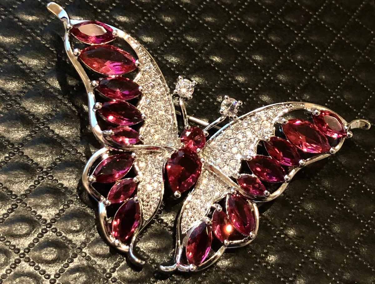 18K White Gold Plated Butterfly Brooch made w Swarovski Red Marquise Stone