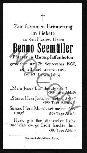 Andenken Sterbebild  Benno Seemüller Pfarrer in Unterpfaffenhofen H1.11 - Bild 1 von 1
