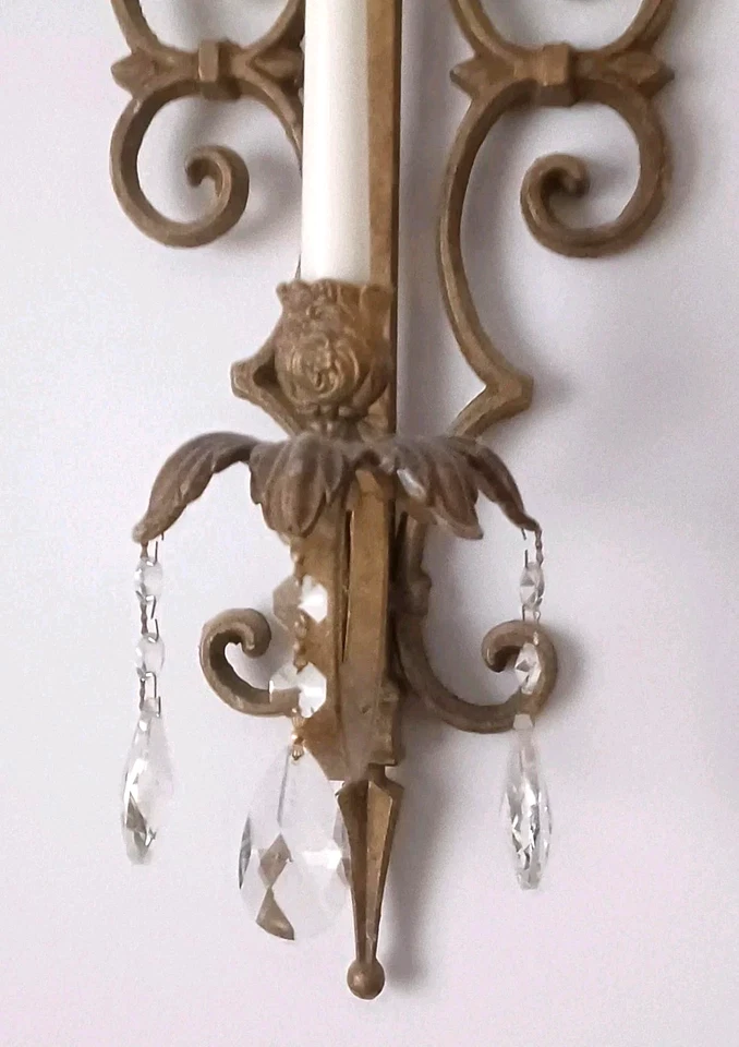 Heavy Large Gilt Wrought Iron Sconces with Crystals - Image 3 of 4