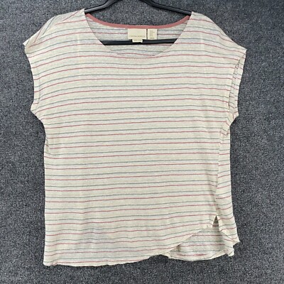Cynthia Rowley Blouse Top Size XL Linen Striped Short Sleeve Lightweight Beachy