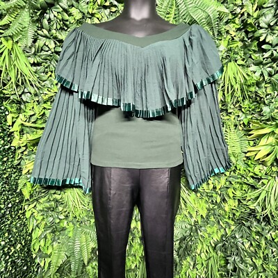 KLOSET THERAPY Tops Women Large Green V Neck Long Flared Pleated Sleeve 1115