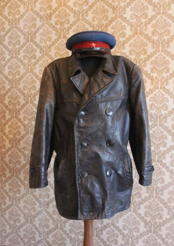 ORIGINAL NKVD OGPU GPU CHEKA BLACK LEATHER JACKET COAT STALIN ERA USSR 1930s - Picture 1 of 24