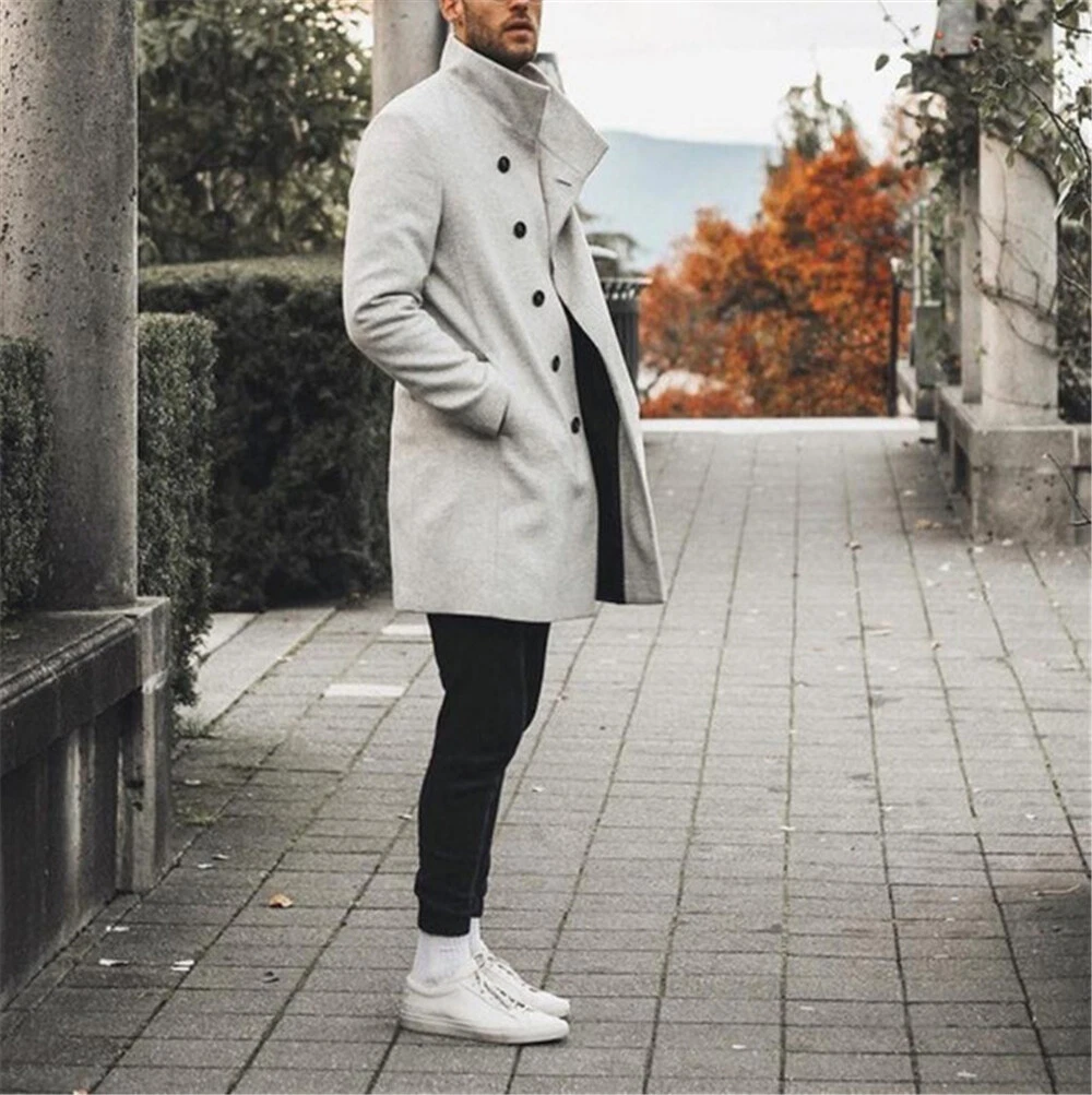 Men Outwear Formal Office Work Casual Woolen Peacoat Trench Coat Long Jacket
