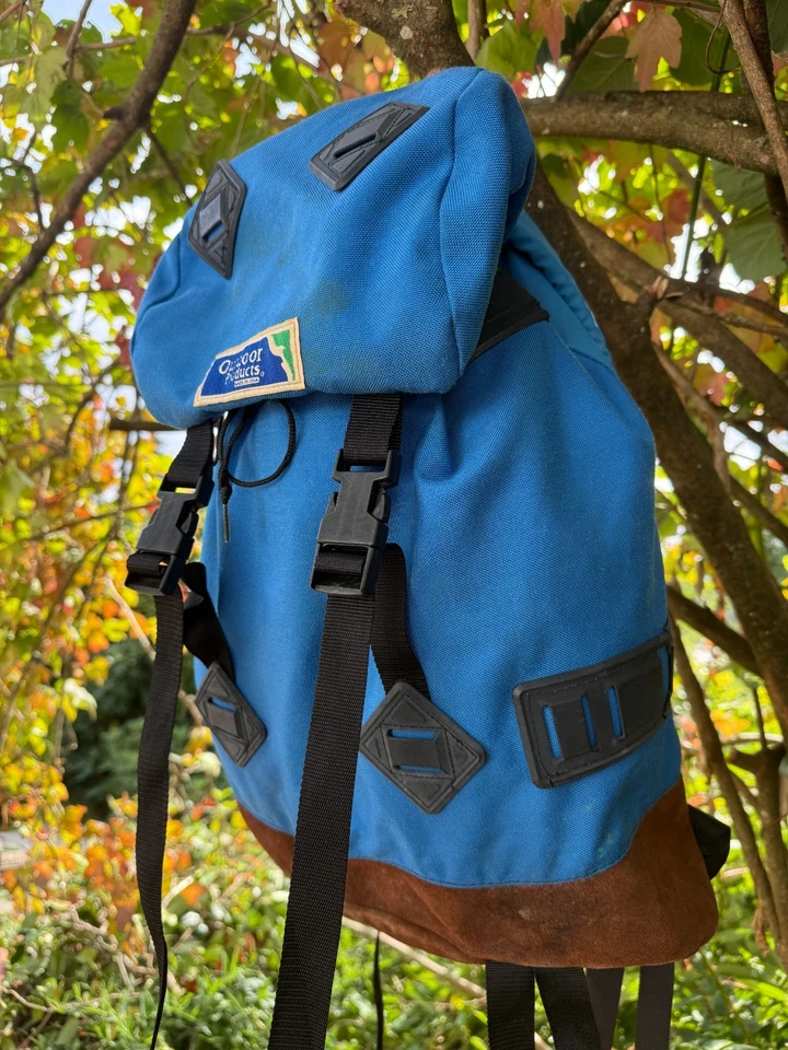 Mochila vintage PRODUCTOS AL AIRE LIBRE PARTE INFERIOR DE CUERO AÑOS 70 80 AZUL Mochila Bolsa para libros Foto 3 de 4