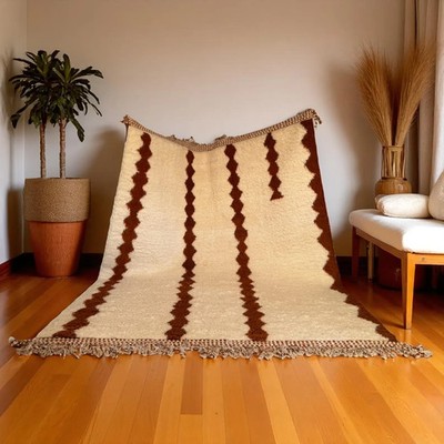 Cream & Brown Moroccan Rug   Handmade Wool Beni Ourain Carpet   Berber
