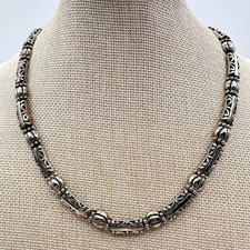 Vintage Silver Tone Filigree Tube Link Necklace Chunky Choker Collar Scroll Boho