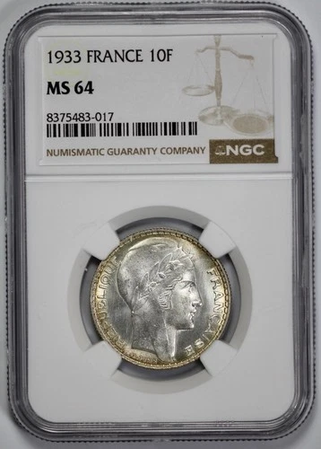 1933 France Silver 10 Franc NGC MS 64