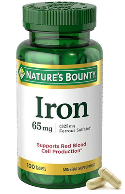 Nature's Bounty Iron 65 mg 325 mg Ferrous Sulfate 100 Tablets