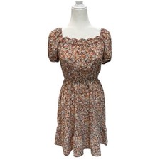 Monteau Los Angelas Floral Midi Dress Scalloped Neckline Elastic Waist- Small